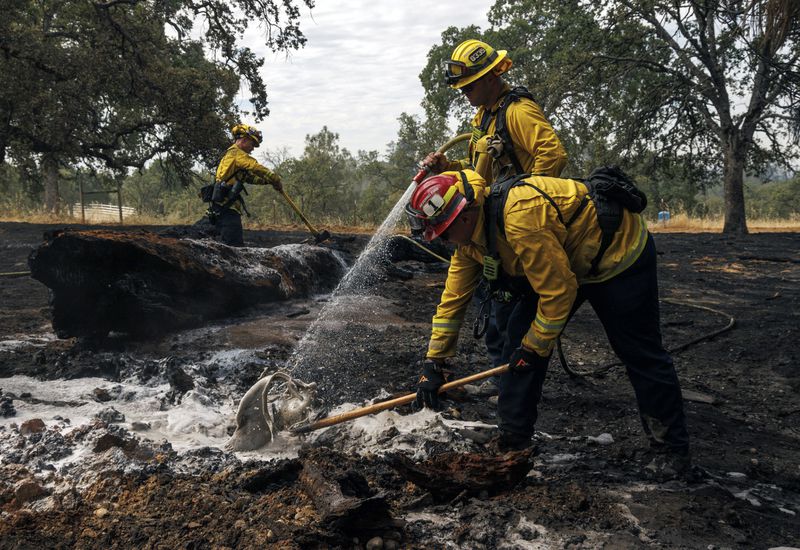 Firefighters mop up as the Apache Fire burns in Palermo, Calif., on Tuesday, Jun. 25, 2024. According to Cal Fire, more than a dozen new fires sparked by lightning. (AP Photo/Ethan Swope)