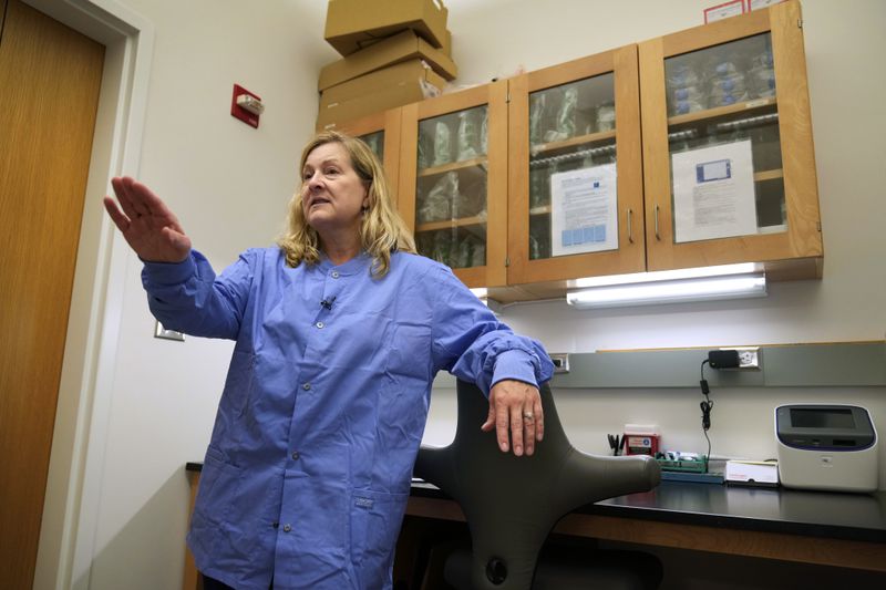 Amy Baker speaks in a lab at the National Animal Disease Center in Ames, Iowa, on Wednesday, Aug. 7, 2024. In addition to vaccines, she and other researchers also have been working on studies in which they try to see how the virus spreads between cows. (AP Photo/Charlie Neibergall)