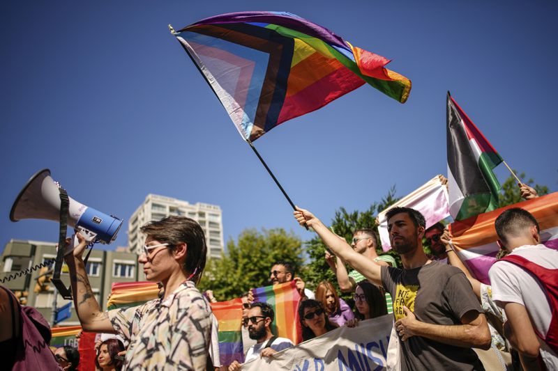 People shout slogans during the annual LGBTQ+ Pride March in Istanbul, Turkey, Sunday, June 30, 2024. (AP Photo/Emrah Gurel)