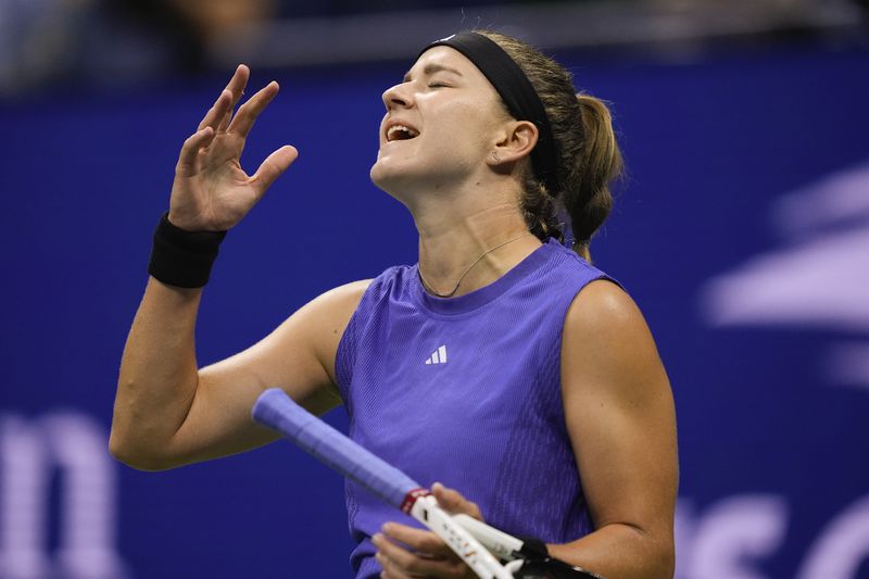 Karolina Muchova, of the Czech Republic, reacts after losing a point to Jessica Pegula, of the United States, during the women's singles semifinals of the U.S. Open tennis championships, Thursday, Sept. 5, 2024, in New York. (AP Photo/Julia Nikhinson)