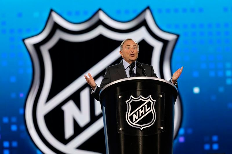 NHL Commissioner Gary Bettman speaks during the first round of the NHL hockey draft Friday, June 28, 2024, in Las Vegas. (AP Photo/Steve Marcus)