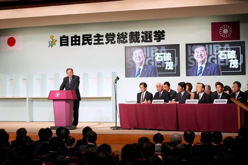 Shigeru Ishiba speaks before a runoff election at the Liberal Democratic Party's (LDP) leadership election Friday, Sept. 27, 2024, at the party headquarters in Tokyo. (AP Photo/Hiro Komae, Pool)