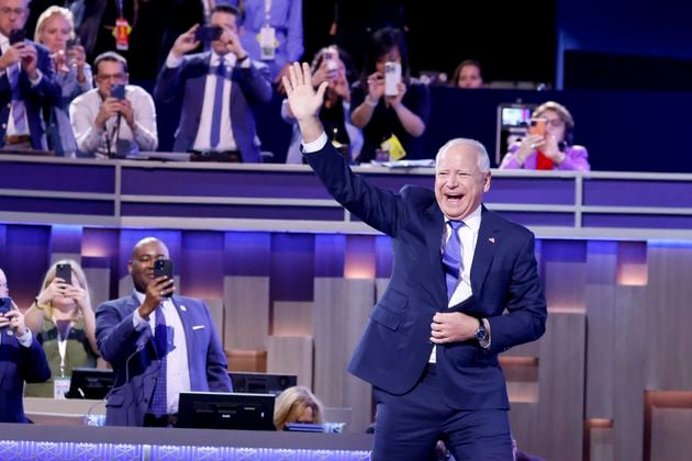 Minnesota Gov. Tim Walz, Vice President Kamala Harris’ running mate, speaks on the third day of the Democratic National Convention in Chicago on Wednesday, Aug. 21, 2024. (Arvin Temkar / AJC)