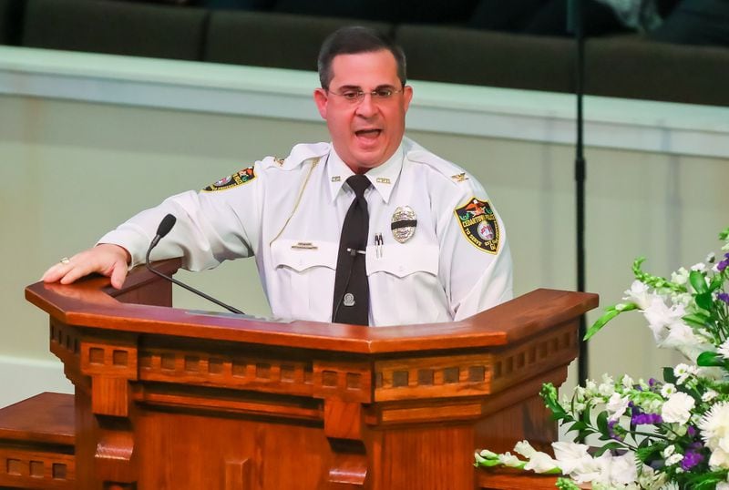 Cedartown Police Chief Jamie Newsome speaks at Victory Baptist Church in Rockmart on October 3, 2017. (Curtis Compton/ccompton@ajc.com)