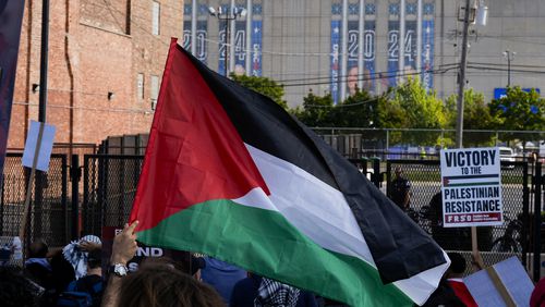 Protesters march to the Democratic National Convention at the United Center after a rally at Union Park Monday, Aug. 19, 2024, in Chicago.(AP Photo/Alex Brandon)