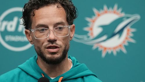 Miami Dolphins head coach Mike McDaniel talks during a news conference following an NFL football game against the Buffalo Bills, Friday, Sept. 13, 2024, in Miami Gardens, Fla. (AP Photo/Rebecca Blackwell)