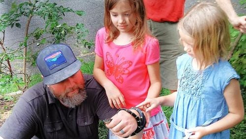 With daughters Ella (center) and Eden looking on, Daniel Ballard, an ecological landscaper, patiently snips plastic mesh netting from an Eastern king snake that had become helplessly entangled in it in a Decatur yard. After being freed, the snake was released into some woods and quickly crawled away. CONTRIBUTED BY CHARLES SEABROOK