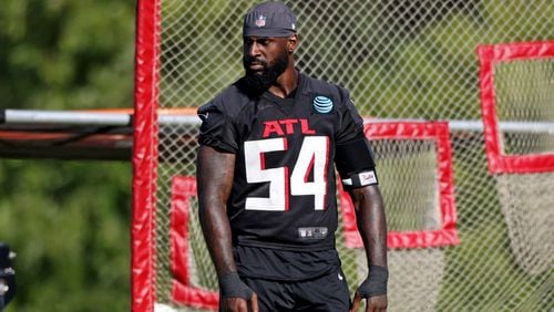 Atlanta Falcons inside linebacker Rashaan Evans (54) during Falcons training camp at the Falcons practice facility Thursday, July 28, 2022, in Flowery Branch, Ga. (Jason Getz / Jason.Getz@ajc.com)