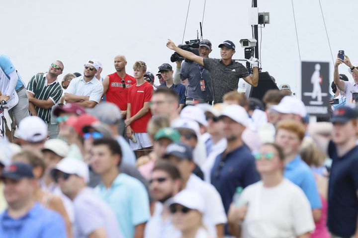 Collin Morikawa reacts after he tees off on the fourth hole during the final round of the Tour Championship at East Lake Golf Club, Sunday, Sept. 1, 2024, in Atlanta.
(Miguel Martinez / AJC)