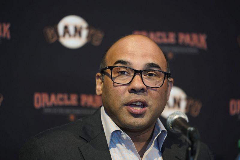 FILE - San Francisco Giants President of Baseball Operations Farhan Zaidi during a news conference at Oracle Park in San Francisco, Oct. 25, 2023. (AP Photo/Eric Risberg)