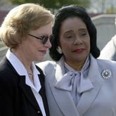 ATLANTA, GA. - Former U.S. first lady Rosalynn Carter (left) chats with Coretta Scott King (right) following ceremonies marking the 20th anniversary of the Martin Luther King, Jr. National Historic site and Preservation District on Auburn Ave. in Atlanta. Former U.S. Jimmy Carter was keynote speaker during the public ceremony. (CATHY SEITH/AJC FILE PHOTO)