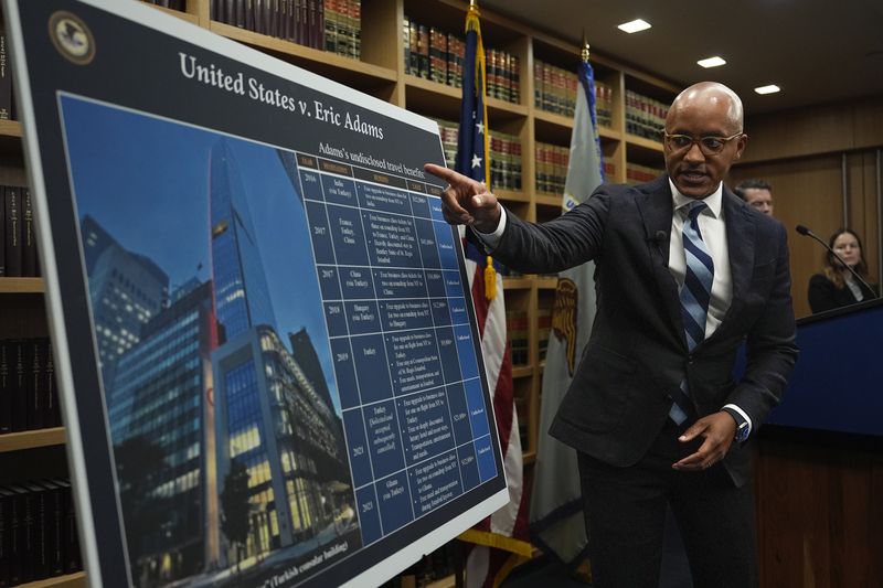 U.S. Attorney Damian Williams, speaks at a news conference detailing an indictment against New York City Mayor Eric Adams, Thursday, Sept. 26, 2024, in New York. (AP Photo/Julia Demaree Nikhinson)