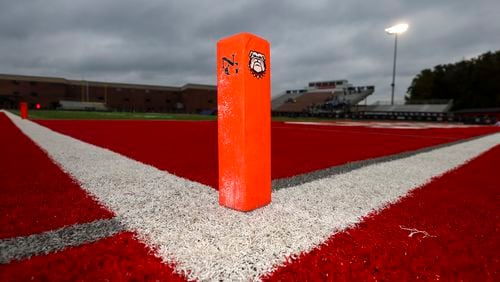 An end zone pylon is shown on the field before the game between Peachtree Ridge and North Gwinnett at North Gwinnett high school, Friday, October 13, 2023, in Suwanee, Ga. (Jason Getz / Jason.Getz@ajc.com)