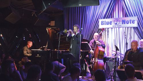 Bassist Neal Starkey on stage with Joe Gransden at the famed Blue Note club in New York City.