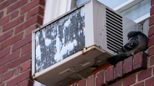 A pigeon rests by an air conditioner in Washington, D.C. MUST CREDIT: Allison Robbert/The Washington Post