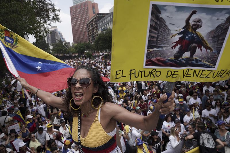 Venezuelan nationals protest against the official results that declared President Nicolas Maduro the winner of the July presidential election, in Mexico City, Saturday, Aug. 17, 2024. (AP Photo/Aurea Del Rosario)