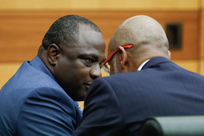 Former Atlanta police officer Oliver Simmonds confers with his attorney, Jackie Patterson, during the first day of jury selection on Tuesday, Sept. 16, 2024. Simmonds was indicted in the 2019 shooting death of a teenager and began trial on Tuesday after being denied immunity in February.
(Miguel Martinez / AJC)