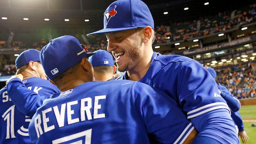 Toronto Blue Jays Josh Donaldson is congratulated after hitting a