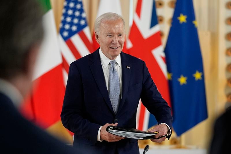 President Joe Biden and leaders attend the Partnership for global infrastructure and investment event at the G7 summit, Thursday, June 13, 2024, in Borgo Egnazia, Italy. (AP Photo/Alex Brandon)