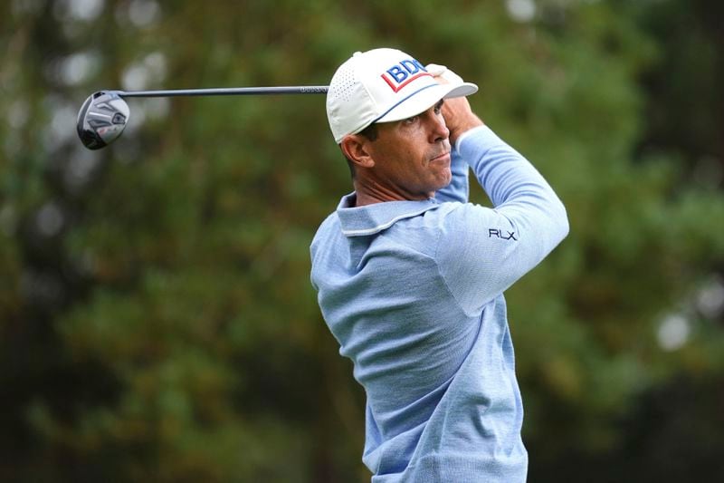 Billy Horschel of the U.S. tees off the 8th during day two of the 2024 BMW PGA Championship at Wentworth Golf Club in Virginia Water, England, Friday, Sept. 20, 2024. (Zac Goodwin/PA via AP)