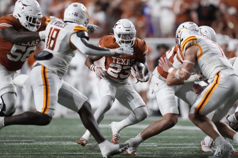 Texas running back Jaydon Blue (23) runs against Louisiana-Monroe during the first half of an NCAA college football game in Austin, Texas, Saturday, Sept. 21, 2024. (AP Photo/Eric Gay)