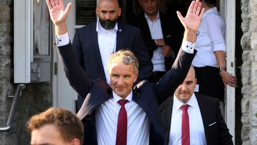 Björn Höcke, party and parliamentary group leader of the AfD in Thuringia and top candidate, leaves the AfD election party in Erfurt, Germany, Monday Sept. 2, 2024. (Daniel Vogl/dpa via AP)