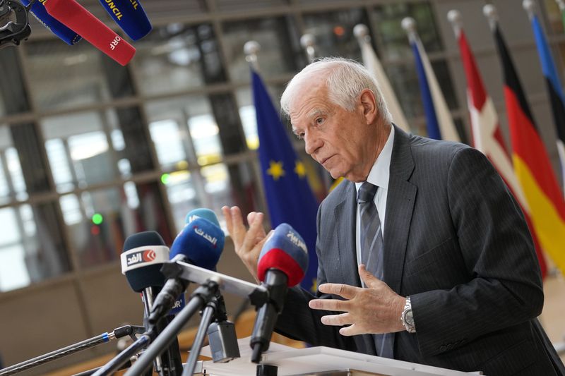 European Union foreign policy chief Josep Borrell speaks with the media as he arrives for a meeting of EU foreign ministers at the European Council building in Brussels, Monday, May 27, 2024. European Union foreign affairs ministers meet in Brussels Monday to discuss the situation in Ukraine and in the Middle East. (AP Photo/Virginia Mayo)
