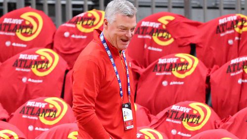 Atlanta Hawks owner Tony Ressler is all smiles taking in the scene at State Farm Arena while his team prepares to play the Philadelphia 76ers in game 3 of their NBA Eastern Conference semifinals series on Friday, Jun 11, 2021, in Atlanta. Curtis Compton / Curtis.Compton@ajc.com