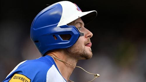 Atlanta Braves outfielder Jarred Kelenic (24) follows his fly ball during the eighth inning at Truist Park on Saturday, June 29, 2024 in Atlanta. (Hyosub Shin / AJC)