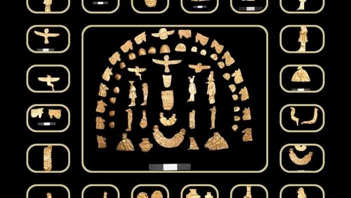 This image provided by Egypt's Supreme Council of Antiquities, shows artifacts which were discovered inside tombs at the Tell al-Deir necropolis, in the Nile Delta town of Damietta, about 125 miles (200 km) north of Cairo, Egypt. The Egyptian Ministry of Tourism and Antiquities announced the discovery of the trove, which includes gold pieces, bronze coins and amulets on July 25, 2024. ( Egypt's Supreme Council of Antiquities via AP)