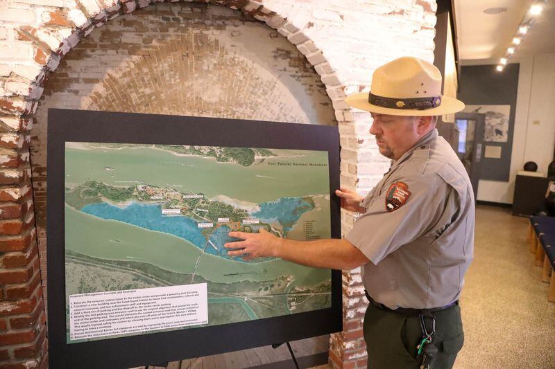 Joel Cadoff, Fort Pulaski National Monumentvisitor services program manager and public information officer, talks about the importance of maintenance and  improvements to the dike system at Fort Pulaski National Monument on Thursday, June 22, 2023.