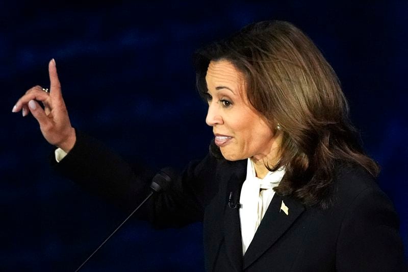 Democratic presidential nominee Vice President Kamala Harris speaks during a presidential debate with Republican presidential nominee former President Donald Trump at the National Constitution Center in Philadelphia, Tuesday, Sept. 10, 2024. (AP Photo/Alex Brandon)