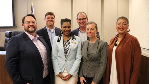 Decatur's school board l-r: James Herndon, Superintendent David Dude, Tasha White, Chair Lewis Jones, Heather Tell and Jana Johnson Davis. Courtesy City Schools of Decatur