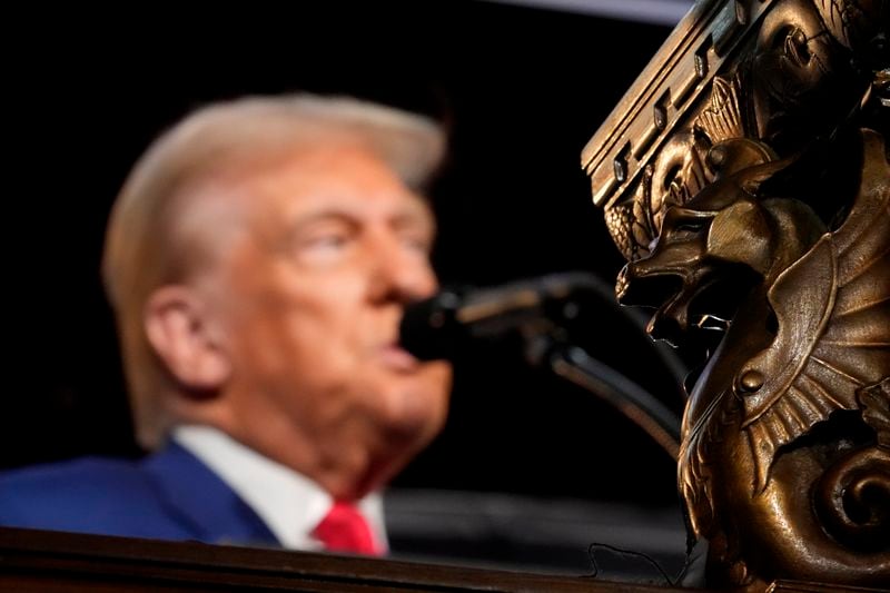 Republican presidential nominee former President Donald Trump speaks during a campaign event at the Economic Club of New York, Thursday, Sept. 5, 2024, in New York.(AP Photo/Alex Brandon)