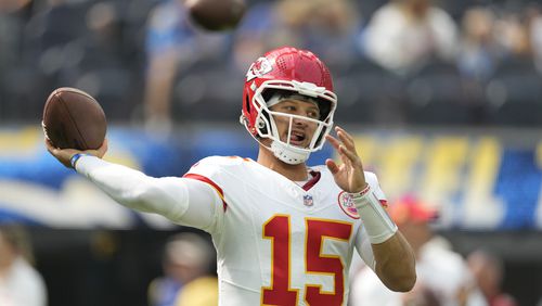 Kansas City Chiefs quarterback Patrick Mahomes warms up before the start of an NFL football game against the Los Angeles Chargers Sunday, Sept. 29, 2024, in Inglewood, Calif. (AP Photo/Ashley Landis)