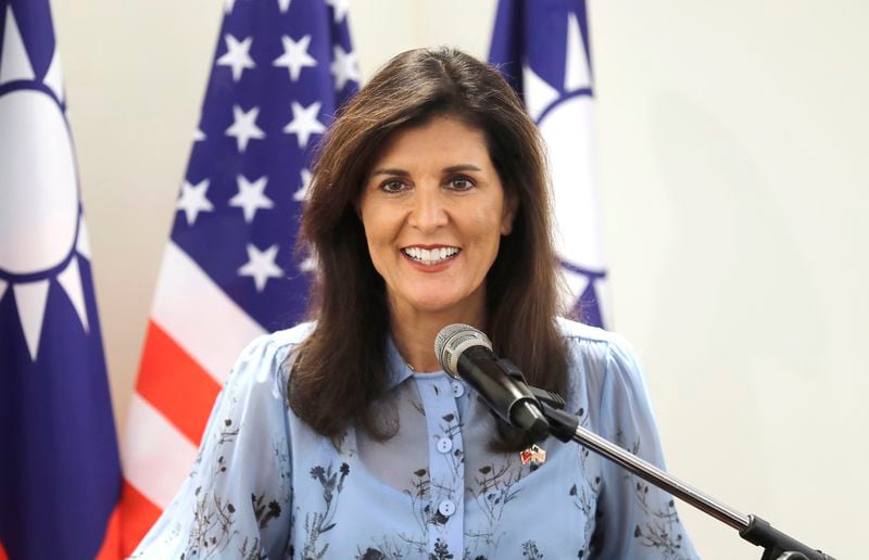 Nikki Haley, former United States Ambassador to the United Nations, smiles during her press conference before leaving Taipei, Taiwan, Saturday, Aug.24, 2024. (Chiang Ying-ying)