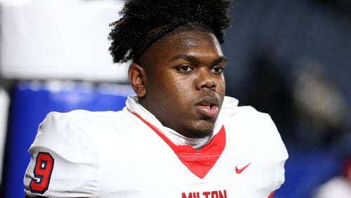 December 11, 2021 - Atlanta, Ga: Milton defensive lineman LT Overton is shown before their game against Collins Hill in the Class 7A state title football game at Georgia State Center Parc Stadium Saturday, December 11, 2021, Atlanta. JASON GETZ FOR THE ATLANTA JOURNAL-CONSTITUTION



