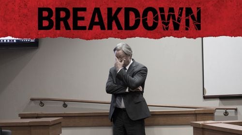 Former DeKalb County Police Officer Robert Olsen stands by himself on a break from testifying during his pre-trial in May of 2018.  (STEVE SCHAEFER / SPECIAL TO THE AJC)