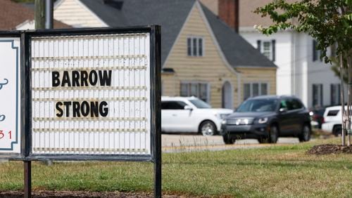 A sign reads, “Barrow Strong,” at Ann’s Flower & Gift Shop in memorial for the four victims shot and killed last week at Apalachee High School, Friday, Sept. 6, 2024, in Winder. (Jason Getz / AJC)