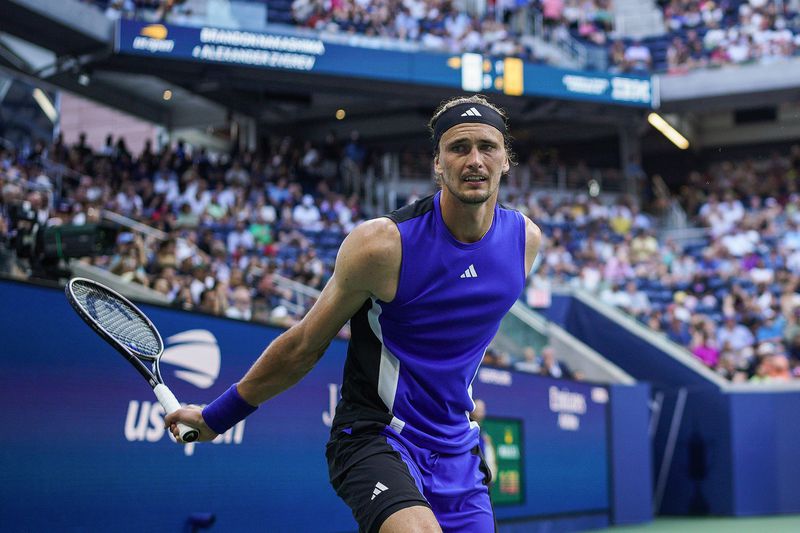 Alexander Zverev, of Germany, reacts after losing a point against Brandon Nakashima, of the United States, during the fourth round of the U.S. Open tennis championships, Sunday, Sept. 1, 2024, in New York. (AP Photo/Eduardo Munoz Alvarez)