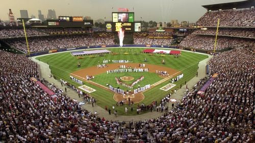 000711-ATLANTA-Overhead shot of Turner Field at the pregame ceremony for the All-STar Game on Tuesday night, 7/11/00. (PHOTO BY BEN GRAY/STAFF)