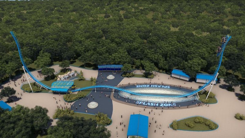 Riders will launch forward and backward along nearly 590 feet of track, reaching speeds of up to 60 miles per hour, hitting the ride’s 144-foot peak before coasting down into a splash pool. (Courtesy of Six Flags Over Georgia)