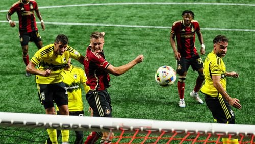 Atlanta United defender Stian Rode Gregersen #5 heads the ball for a goal during the second half of the match against the Columbus Crew at Mercedes-Benz Stadium in Atlanta, GA on Saturday July 20, 2024. (Photo by AJ Reynolds/Atlanta United)