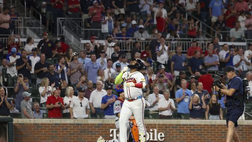 Atlanta Braves designated hitter Marcell Ozuna reacts as he crossed the plate after hitting a solo home run during the fifth inning against the  New York Mets at Truist Park, Tuesday, Sept. 24, 2024, in Atlanta. The Braves won 5-1. (Jason Getz / AJC)

