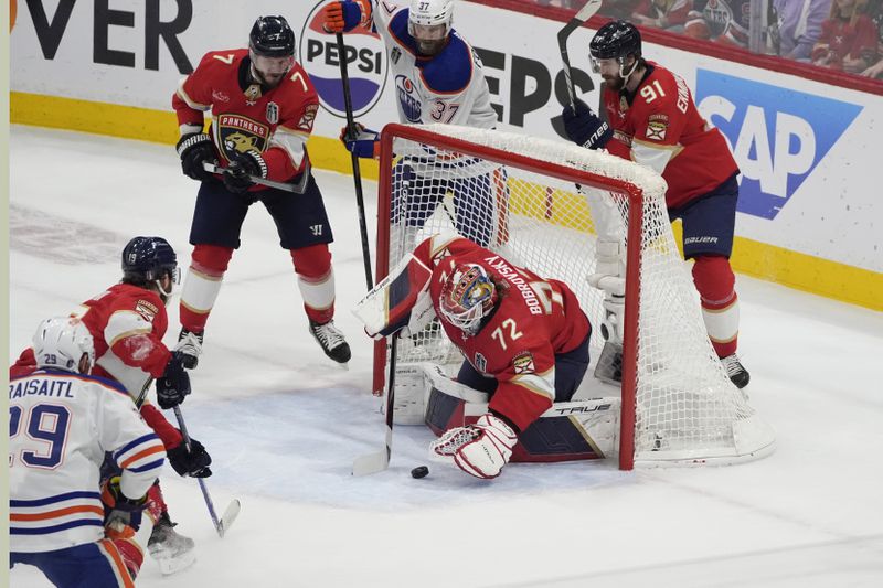 Florida Panthers goaltender Sergei Bobrovsky (72) stops a shot on goal during the first period of Game 7 of the NHL hockey Stanley Cup Final against the Edmonton Oilers, Monday, June 24, 2024, in Sunrise, Fla. (AP Photo/Rebecca Blackwell)