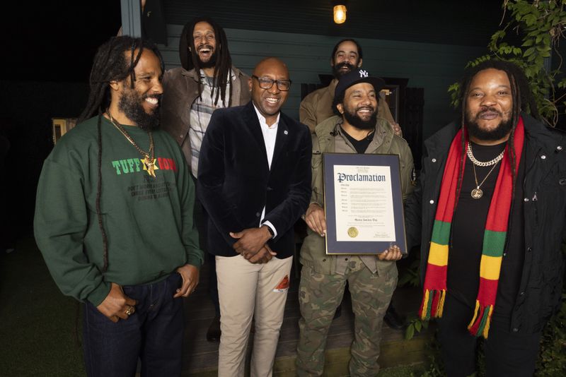 Ziggy Marley, from left, Julian Marley, Borough President of Queens, Donovan Richards Jr., Ky-Mani Marley, Damian Marley and Stephen Marley pose for a portrait on Sunday, Sept. 22, 2024, in New York. Richards presented the brothers with a proclamation establishing Sept. 22 as "Marley Brothers Day" in Queens. (Photo by Matt Licari/Invision/AP)