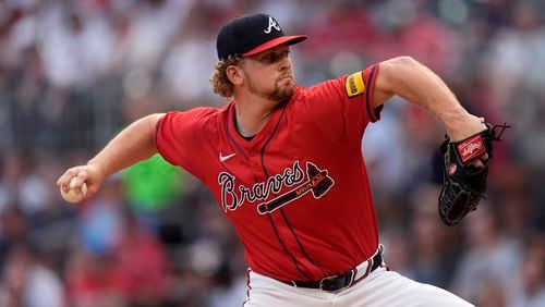Atlanta Braves starting pitcher Spencer Schwellenbach delivers in the first inning of a baseball game against the Miami Marlins, Friday, Aug. 2, 2024, in Atlanta. (AP Photo/John Bazemore)