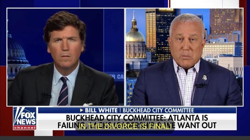 Bill White, the head of the Buckhead secession movement, right, on a recent appearance on the Tucker Carlson show.