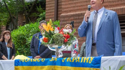 Helping Ukraine Founder, Emory Morsberger, spoke at All Saints’ Episcopal Church during One Day for Ukraine last year during Ukraine’s Independence Day, where Ukrainian refugees, activists and humanitarians gather to show continued support for Ukraine.  HelpingUkraine.us continues to provide medical equipment, housing, clothing and support to people fighting and living in the war-torn country.  (Jenni Girtman / ABO Associates / HelpingUkraine.Us)