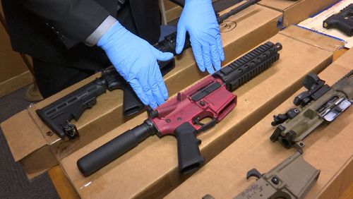 FILE — Ghost guns are displayed at the headquarters of the San Francisco Police Department, in San Francisco, Nov. 27, 2019. (AP Photo/Haven Daley, File)